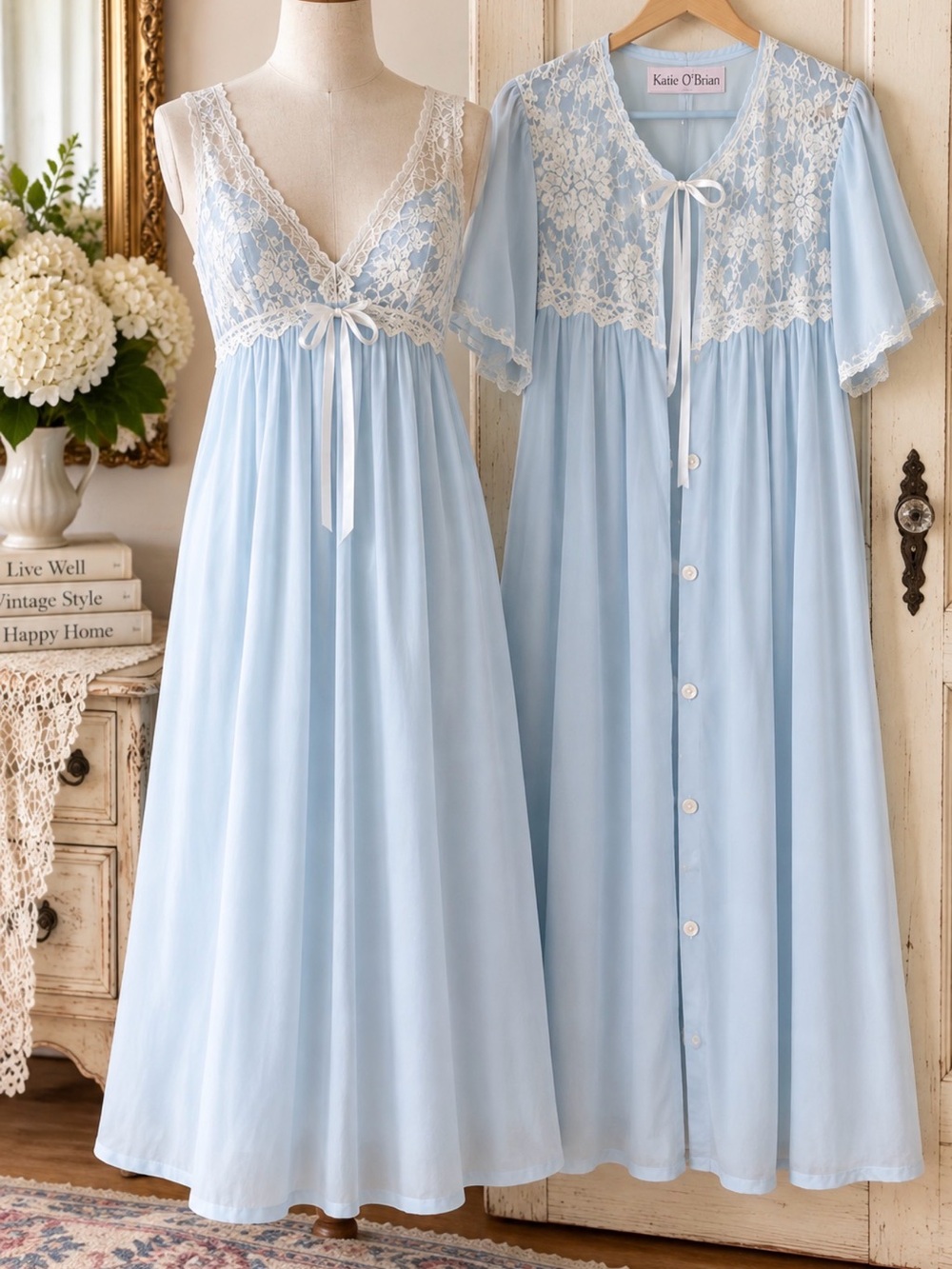 Vintage 1980s Katie O’Brian matching nightgown & robe/peignoir set in Blue Large